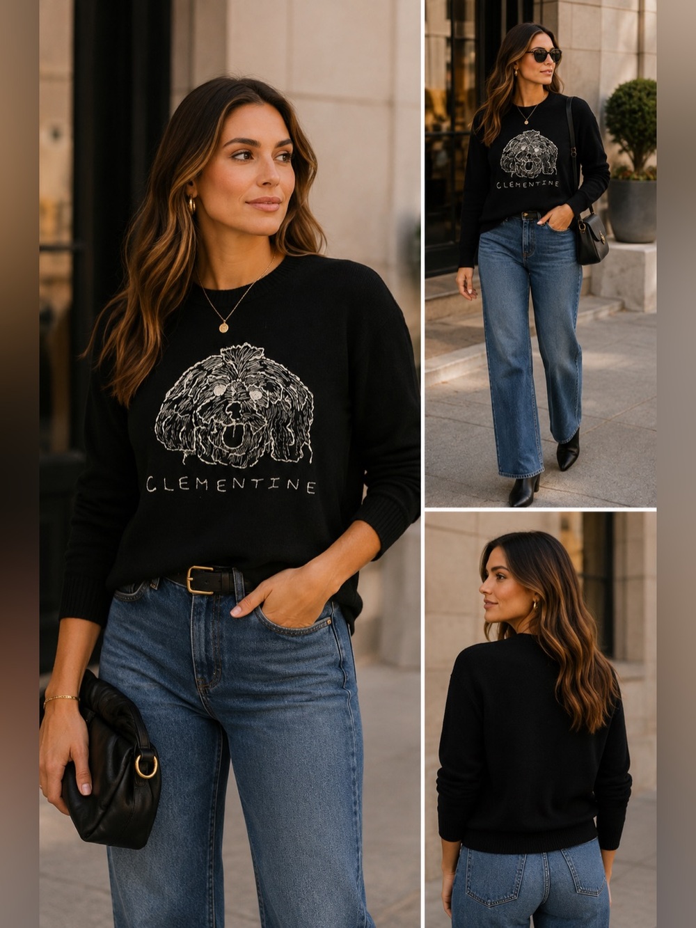 Le Lion Italian Women's Black Graphic Cashmere Sweater with Blue Jeans